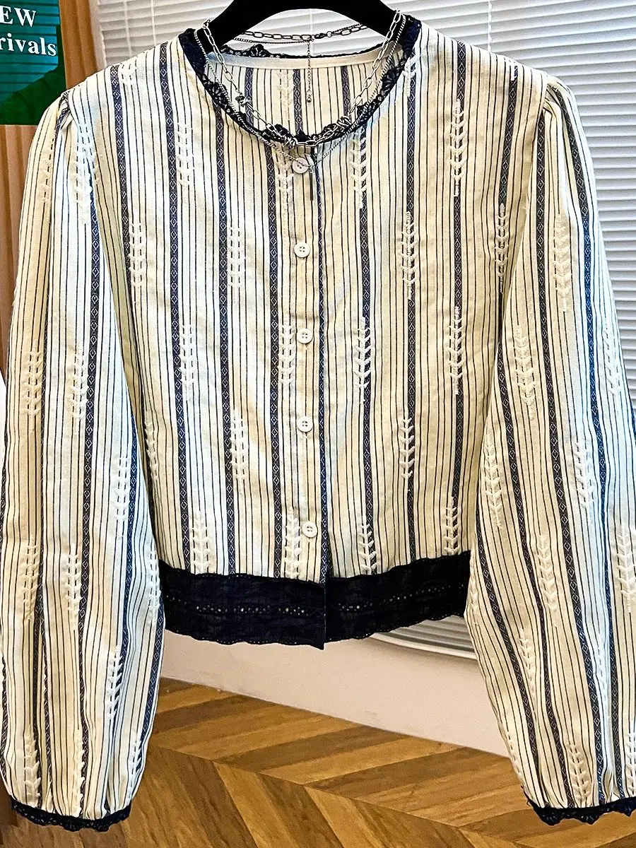 

Retro Ladies Faion Top Trendy Lace Trim Striped Long Sve irt French Sle Straight Cut Daily Wear Skin Friendly Breath...