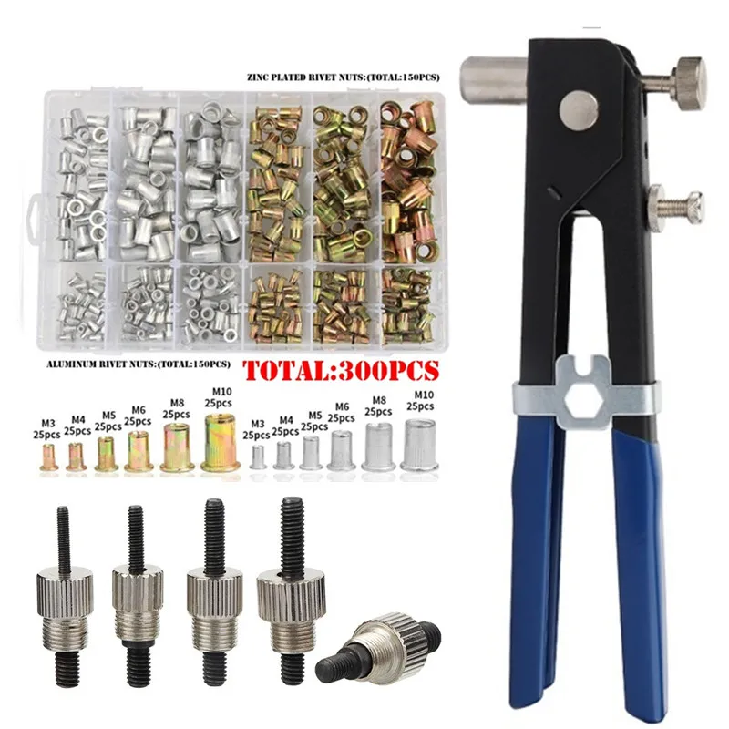 300PCS M3-M10 Zinc Plated Carbon Steel Aluminum Rivet Nuts Knurled Nuts Rivnut Flat Head Threaded Rivet Insert Nutsert