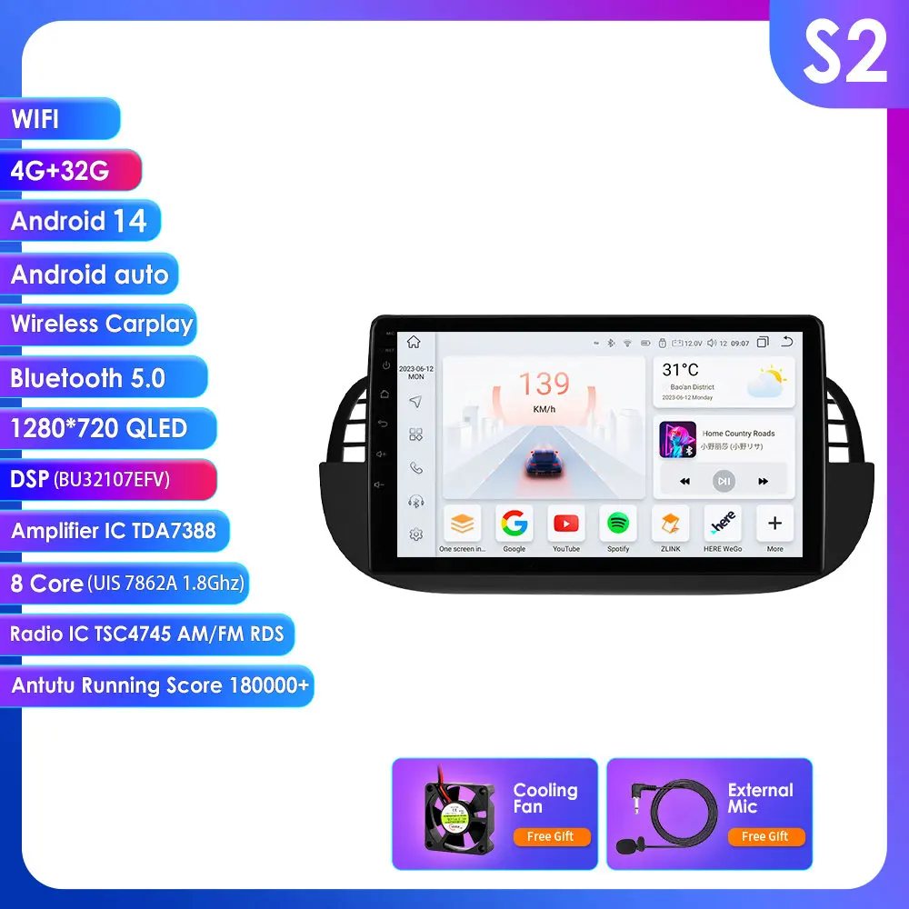 4G 9 Inch 2din Android Auto Multimedia Speler Voor Fiat 500 Navigatie Gps Carplay Auto Radio Rds Dsp Stereo Video Audio Head Unit