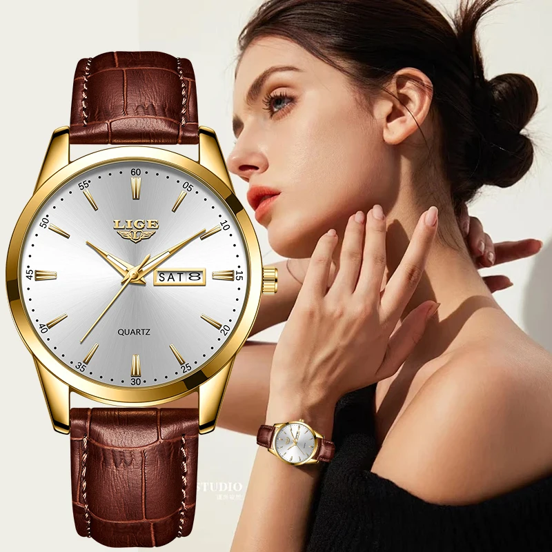 LIGE Elegant Luxury Quartz Watches for Women Classic Leather Fashion Ladies Wristwatch Waterproof Week Auto Date Woman Watch New
