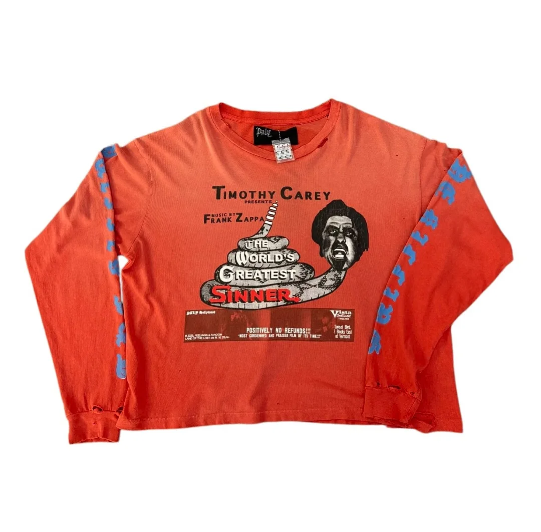 Unisex Cropped Distressed Orange Long Sleeve T Shirt Vintage Movie Snake Print Contrast Sleeve Graphic Fashion Streetwear Top