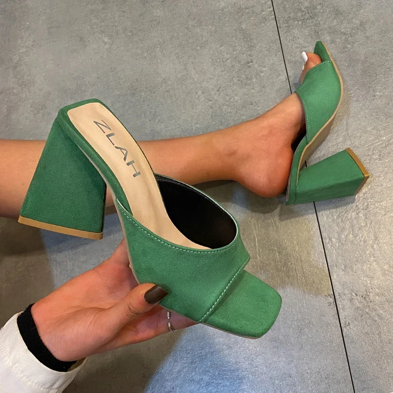 2024 New Summer Square Toe Leaky Toe Shallow Mouth Thick-soled Slippers Outdoor Sexy Elegant Fashion Solid Color Women's Sandals