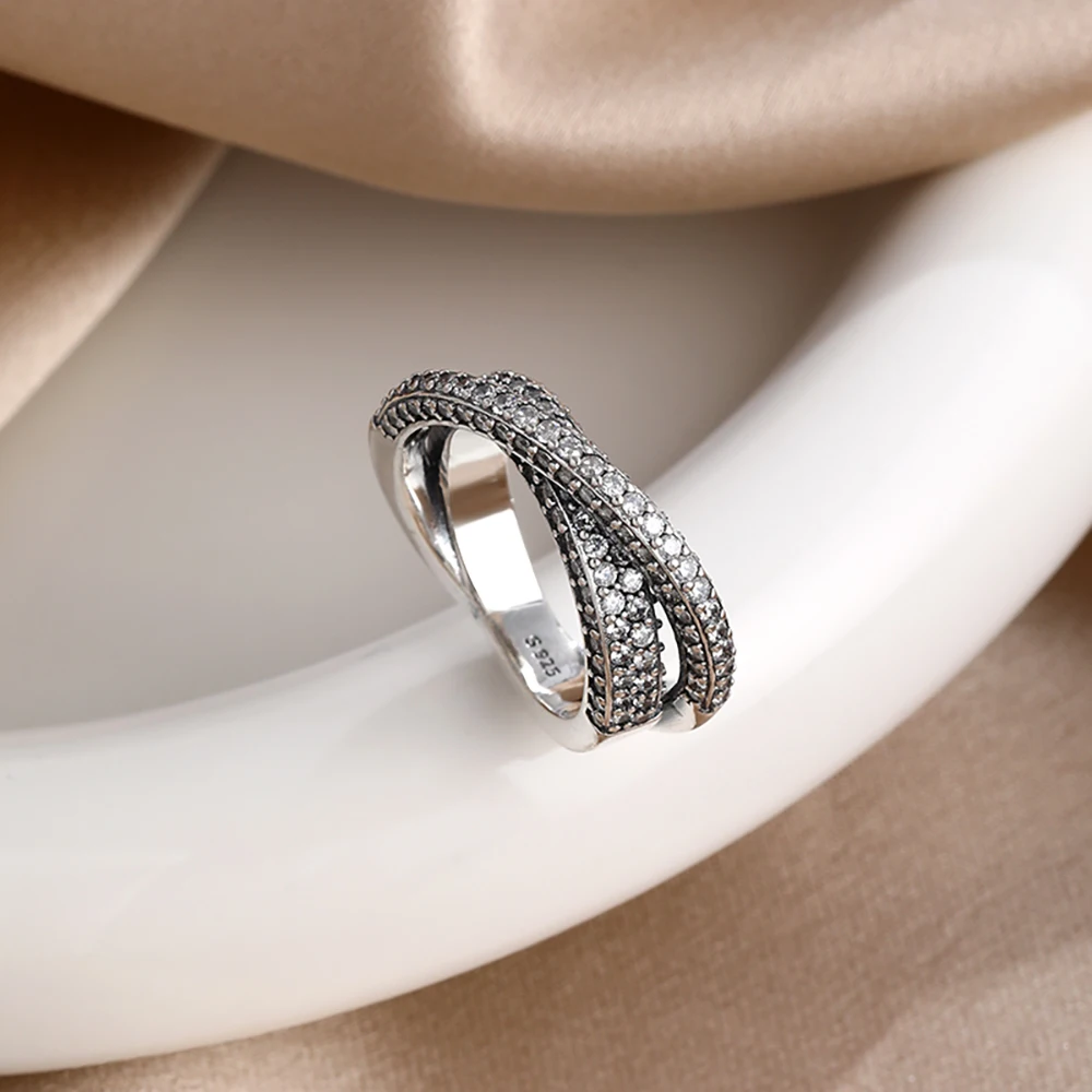 แหวนเงินแท้ 925 ประดับคริสตัลเพทายสองชั้น ดีไซน์วงแหวนซ้อนกันได้ เหมาะสำหรับเป็นเครื่องประดับงานแต่งงาน งานหมั้น หรือเป็นของขวัญ