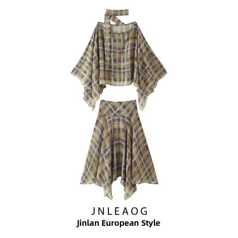 

Faionable Plaid Scarf Cowl Ne Midi Skirt Set Women's Autumn New Arrival Breathable Polyester ort Length Casual Wear