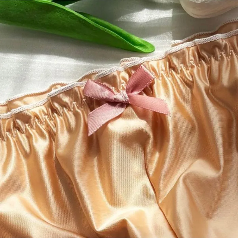 Men Sexy Silky Gloss Boxer Briefs Cute Bow Cotton Stretchy Underwear Comfort Breathable Ruffled Sissy Cosplay Costume