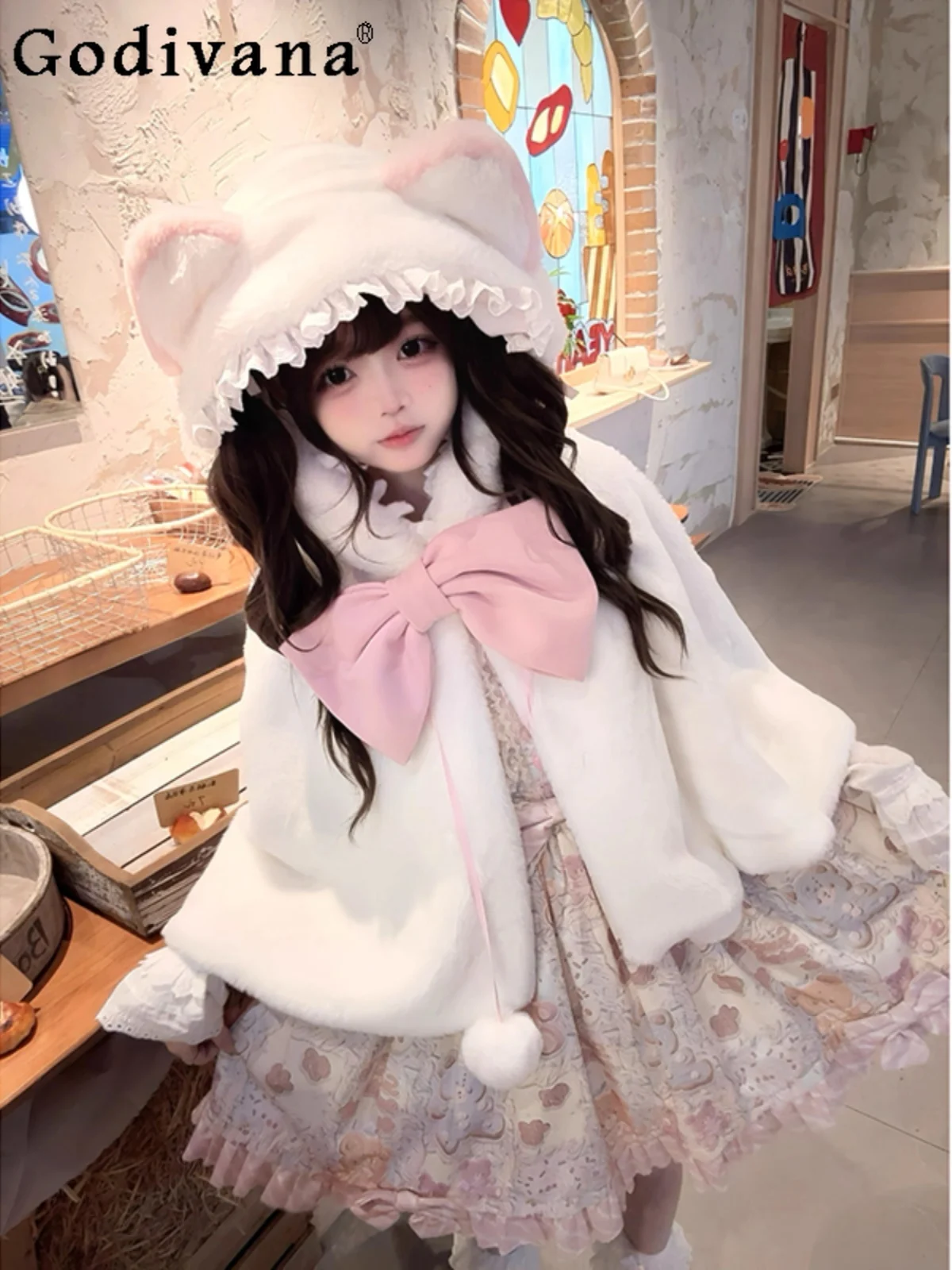 

Cute Sweet Girls Lolita Cape Women's Japan Style Warm Thickened Bow Kawaii Hooded Cloak Lady Ponchos Jackets Autumn and Winter