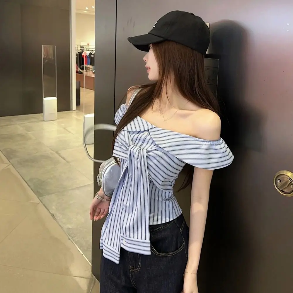 Short Women Blue Stripes Blouse V-neck Korean Style Long Sleeve Shirts Slim Fit Blue Stripes Slim Buttons Shirts Lady Business