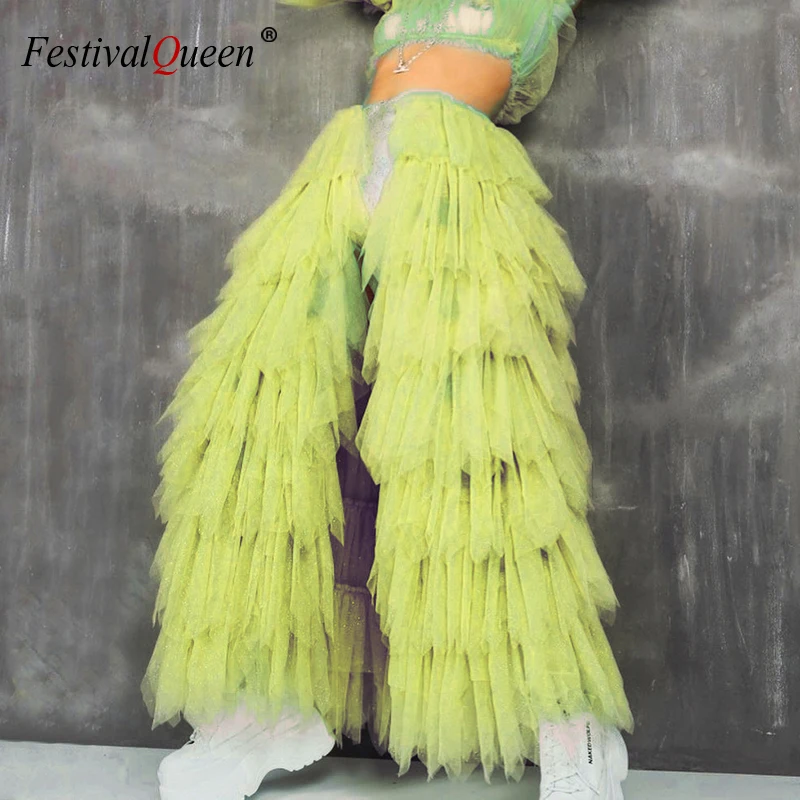 FestivalQueen damska siatkowa przezroczysta neonowa spódnica bąbelkowa plisowana przepuszczalna patchworkowa seksowna klubowa Rave festiwalowa długa spódnica dla tancerzy
