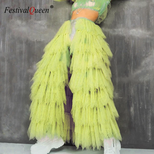 FestivalQueen damska siatkowa przezroczysta neonowa spódnica bąbelkowa plisowana przepuszczalna patchworkowa seksowna klubowa Rave festiwalowa długa spódnica dla tancerzy