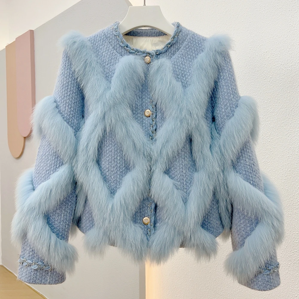 

Hot Sales Women Fashion Real Fur Coat Single Breasted Streetwear Winter Jacket Natural Fox Fur Fluffy Weave Knitted Sweater