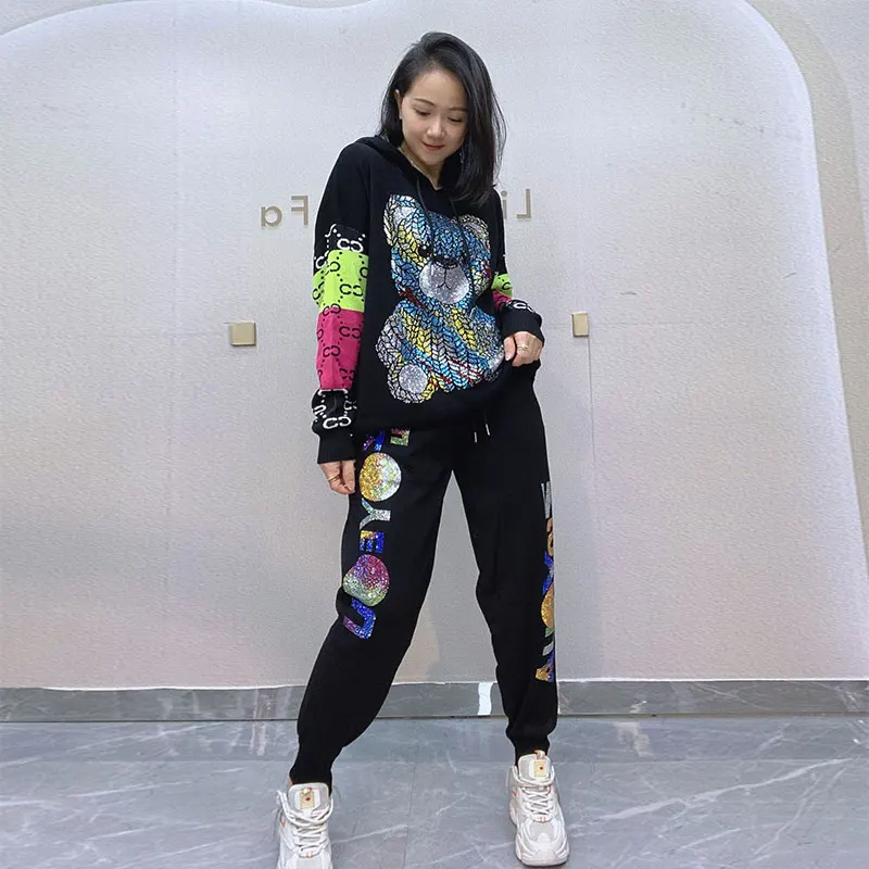 Autumn Cartoon Diamond Bear Knitting Tracksuit Women 2 Piece Sets,Knit Sweater and Pants 45kg-80kg Oversize