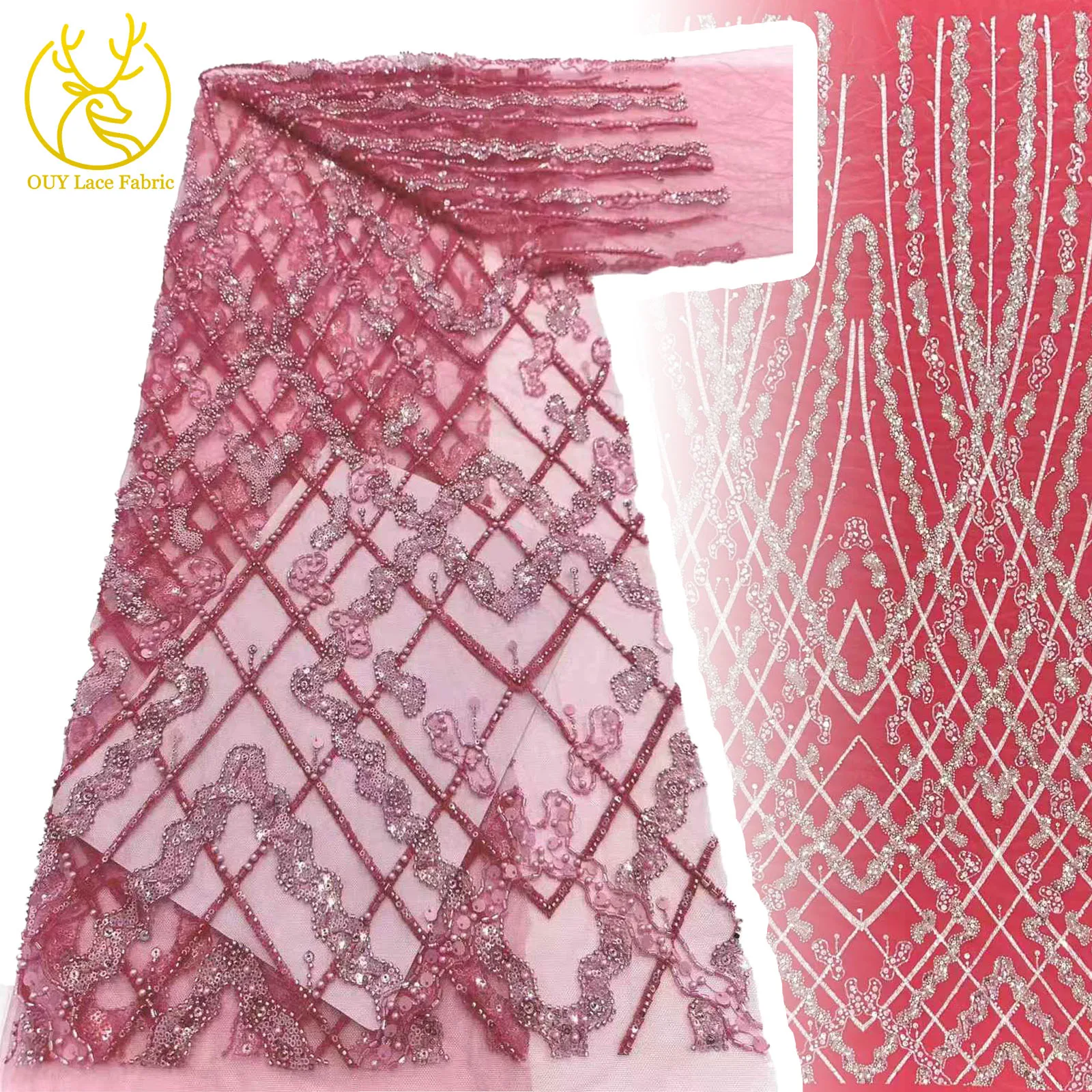 

Newest African Beaded Lace Fabric 2025 High Quality French Nigerian Sequins Embroidery Mesh Fabric Ladies Party Dress Material