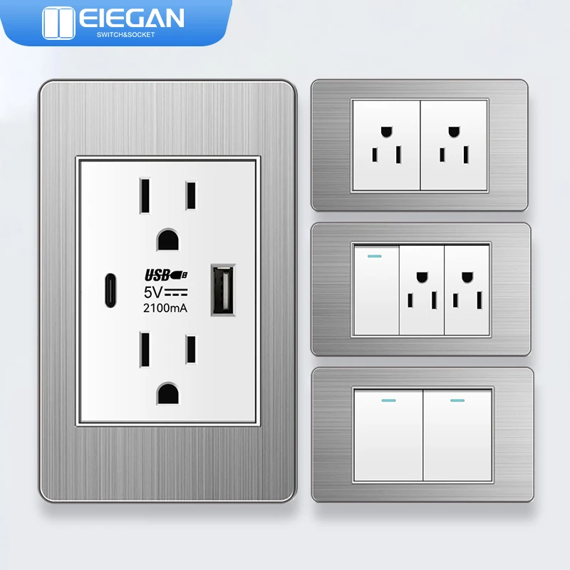 

ELEGAN White stainless Panel US Standard 1/2/3/4/5/6Gang Switch Push Button Outlet Usb Type-c Wall America Socket Light Switch