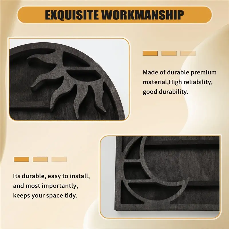 N10R-Wood Storage Shelf - Stylish And Practical Wall Shelf, Crescent Sun And Moon Crystal Shelf