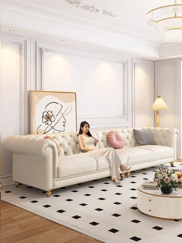 

French style, cream style, genuine leather, sofa, living room, light luxury, retro, high sense