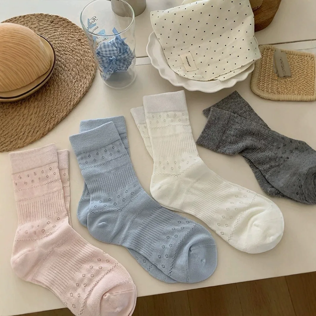 5 Pairs Women's Summer Crew Socks Spring Breathable Floral Sweet Fresh Style Casual Students Fashion Soft Stacked Socks