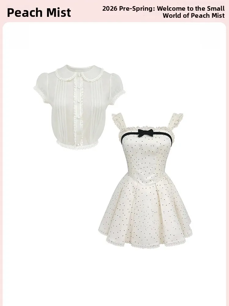 

Vintage Polka Dot Strap Dress Women's Summer 2026 New Doll Collar Short Sleeve Cover up Two Piece Set Sweet Style Office Date