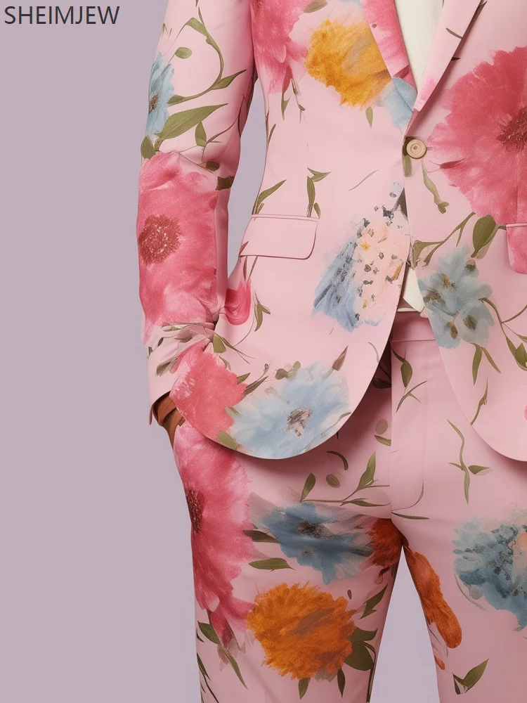 Traje ajustado con flores coloridas para hombre, traje informal con estampado 3d de plantas para boda, chaqueta para el Día de San Valentín, pantalones, conjunto de actuación para fiesta y fiesta