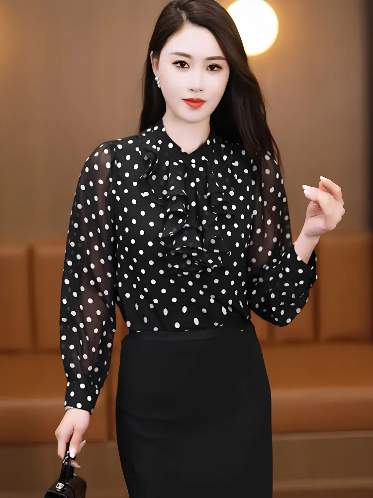 

Polka Dot Women's irt Spring Summer New Sle Agel Chic Long Sve Top Chiffon Small Size Ele Faionable Blouse