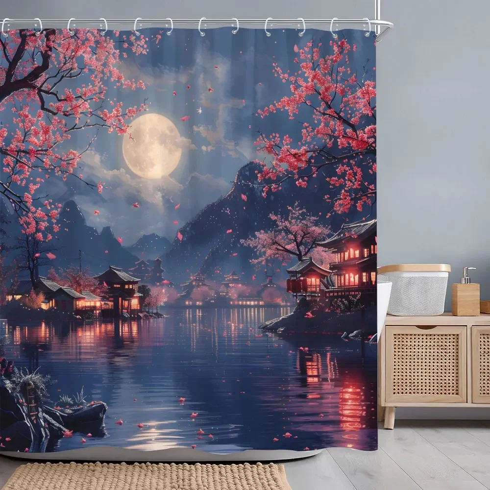 Japanese Red Cherry Blossom Seascape Shower Curtain Chinese Landscape Ink Painting Printed Fabric Shower Curtains Bathroom Decor