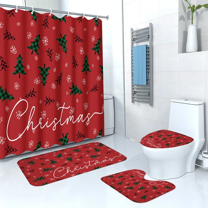 

4PCS Christmas Home Decoration Toilet Bath Floor Mats Non Slip Carpet Bathtub Side Floor Rugs Christmas Bathroom Decor Supplies