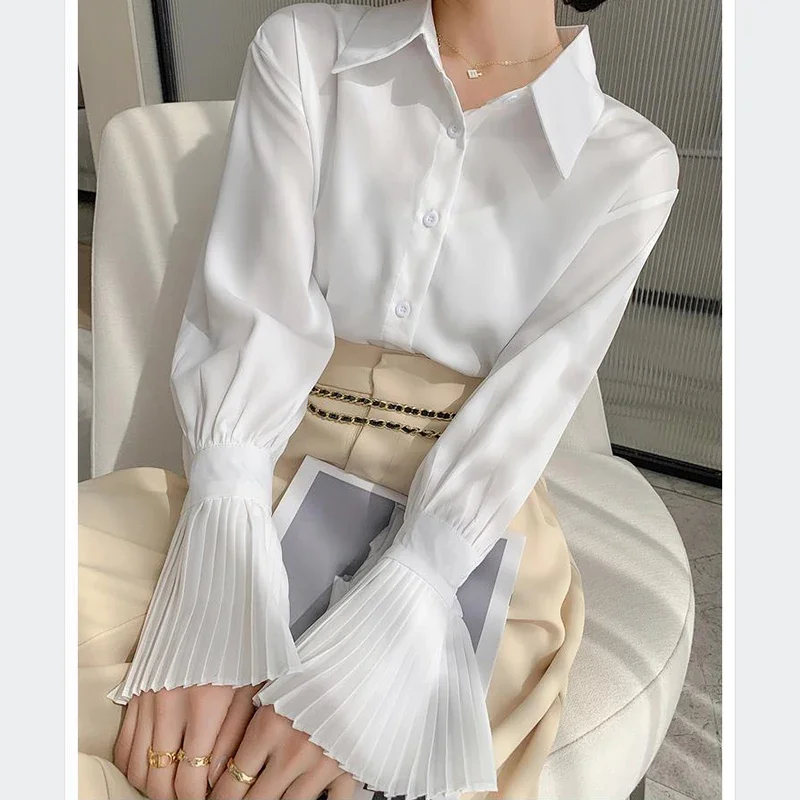 Gidyq Fashion Women Chiffon Shirts Korean Casual Pleated Flare Sleeve Blouse Elegant Female All Match Loose White Tops