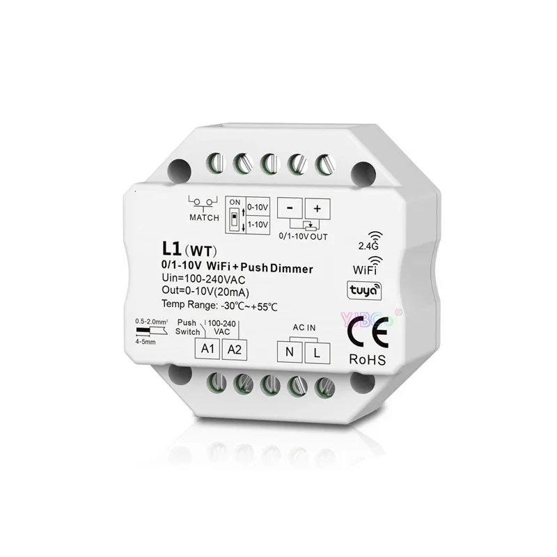 

WiFi RF Push Dimmer 1CH Tuya APP/Voice control/RF dimming/Push Dim/0-10V dimmable driver DIP Switch For Single Color LED Strip