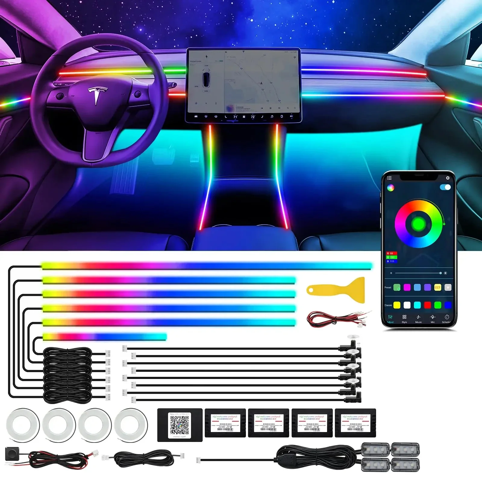 Ambient Light 64 Colors Car Acrylic Strips 18 In 1 110cm 90cm 75cm 35cm 20cm Full Colors RGB Car Interior Bluetooth App Control