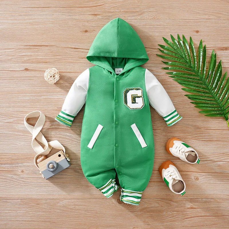 Long-Sleeve Hooded Romper, Green Sporty Style baby clothes Spring and Autumn 0-18Months Boys and Girls Baby Perfect for Outings