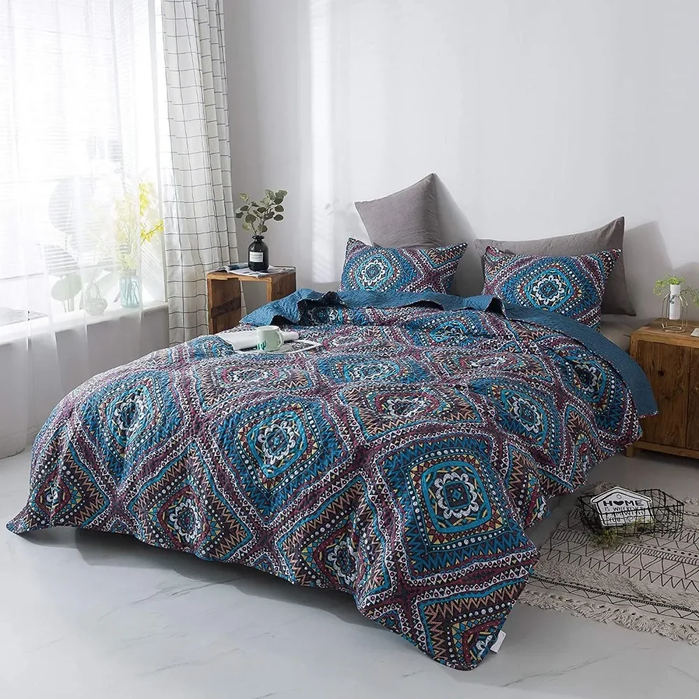 

Bedspread set, geometric diamond pattern stitching blue, lightweight, machine washable, duvet set