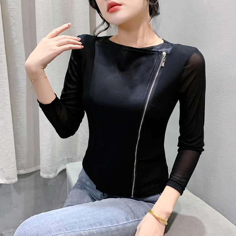 MadBlack, European Clothes Jacket, Women O Neck Zipper Slim Mesh Cardigan, Sexy Long Sleeve Sport Coat, Autumn Winter C49225CC