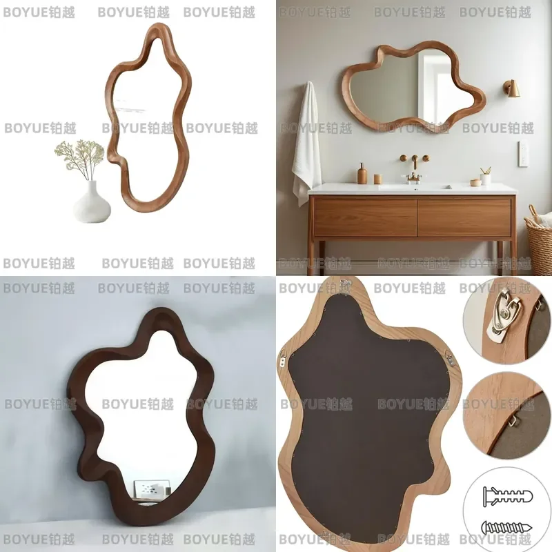 Irregular Solid Wood Tempered Glass Wall Mirror Full Length Hanging Decor for Bedroom Living Room Home Interior High End
