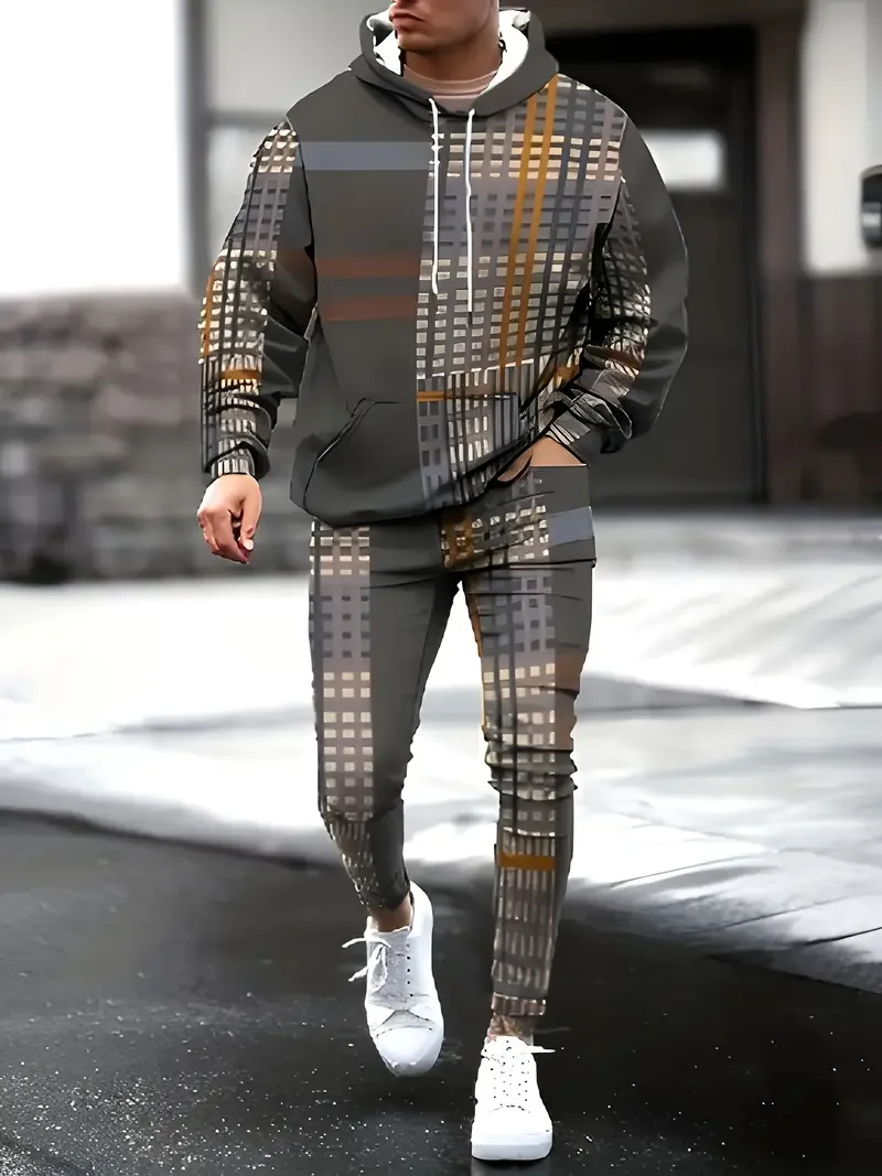 Męskie komplety dresowe z kapturem, spodnie patchworkowe z nadrukiem 3D, zestawy dwuczęściowe, streetwear, luźny krój, prostota, dres, bluza z długim rękawem.