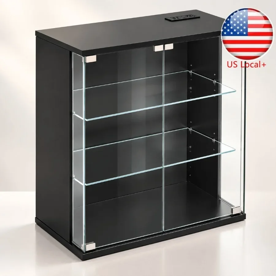 Display Cabinet for Living Room, Tempered Glass, White, 3-Tier Curio Cabinet with Adjustable Shelves and Built-in LED Light