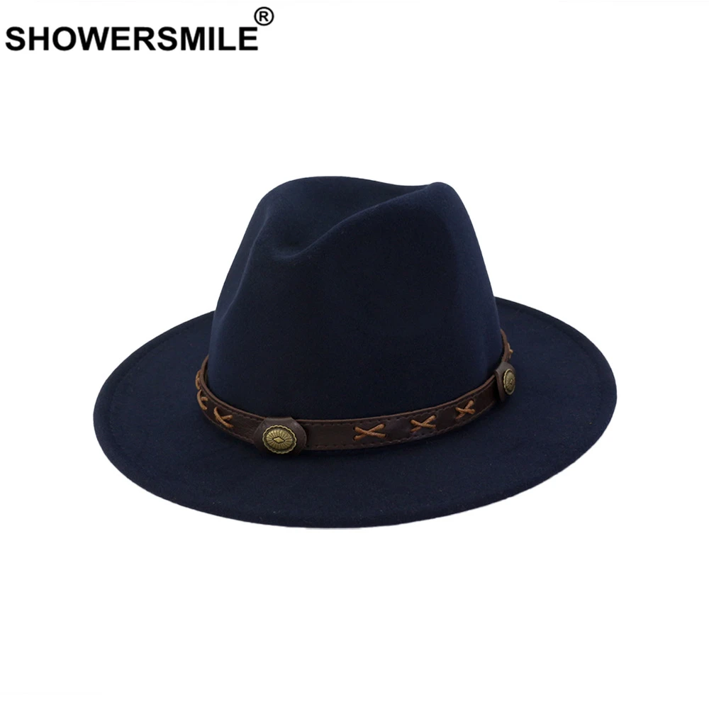 

SHOWERSMILE Men Women Fedora Hat Trilby Felt Hat with Leather Belt Female Wide Brim Vintage Jazz Hats Retro New Design Cap Navy