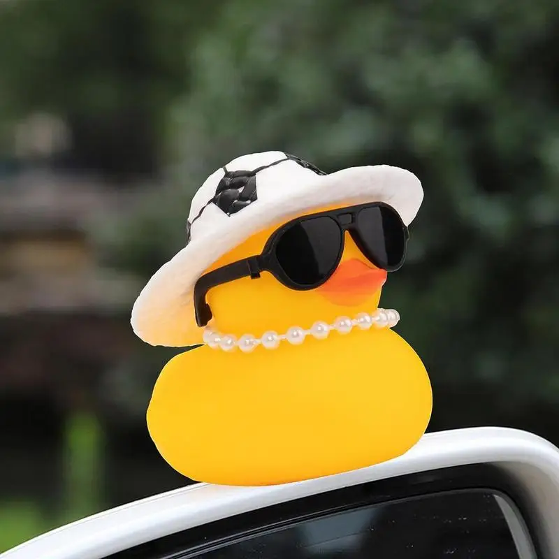 Car Duck Car Rubber Dashboard Decorations Ornament Yellow Duck with Mini Swim Ring Sun Cowboy Hat Necklace for Auto Office