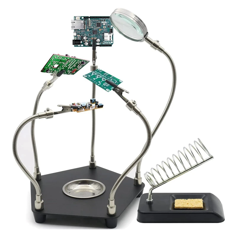 Terceira mão solda ferramenta, PCB titular com ferro de solda stand, metal base, flexível metal braços