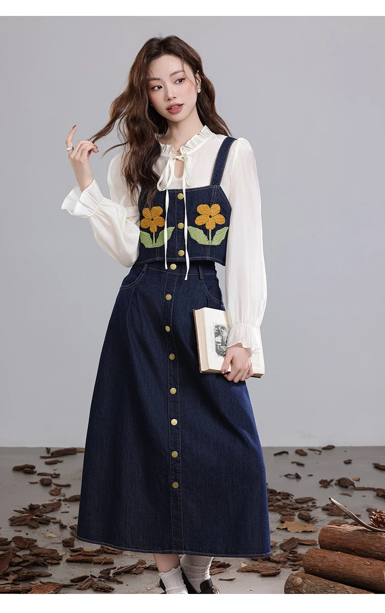 3 Pcs Women Ruffles Sleeve Shirts Blouses And Denim Cotton Embroidery Flowers Vest And Jeans Long Lady Skirts Suits Set NZ169