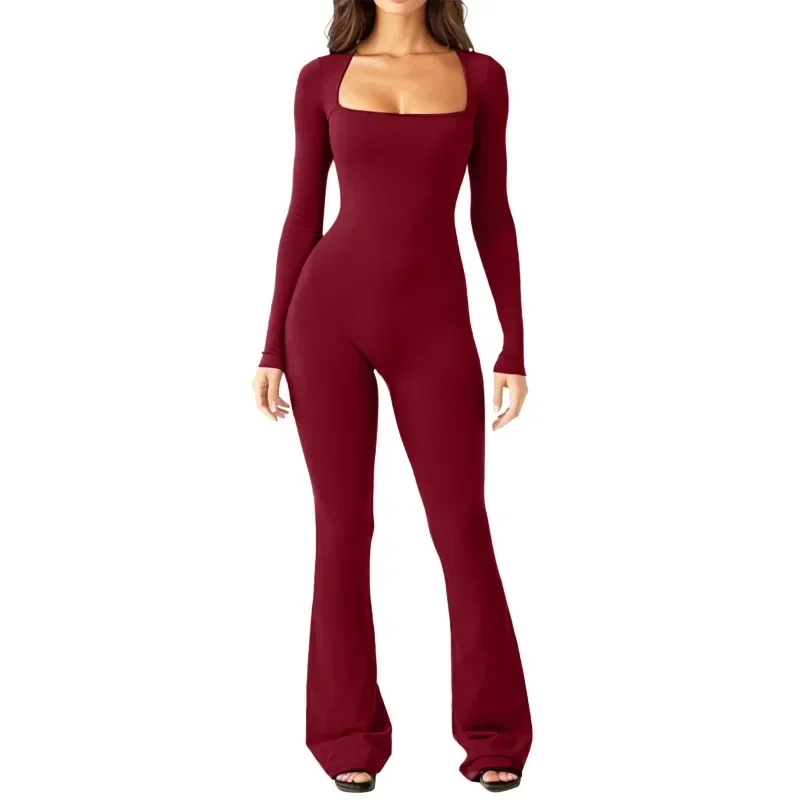 Herfst Lange Mouw Slanke Vierkante Hals Jumpsuit Vrouwen Casual Hoge Taille Sexy Rompertjes Mode Elastisch Kantoor Dames Playsuits 30066