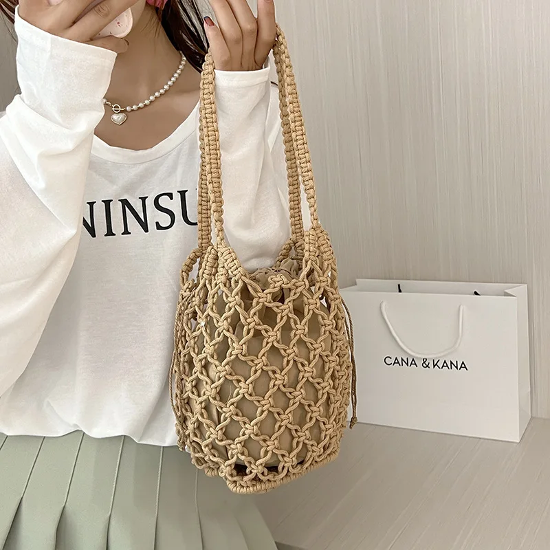 

Summer Beach Bag For Women Mesh Rope Knitted Bucket Shoulder Bags Reticulate Hollow Travel Shopper Totes Ladies Fashion Handbag