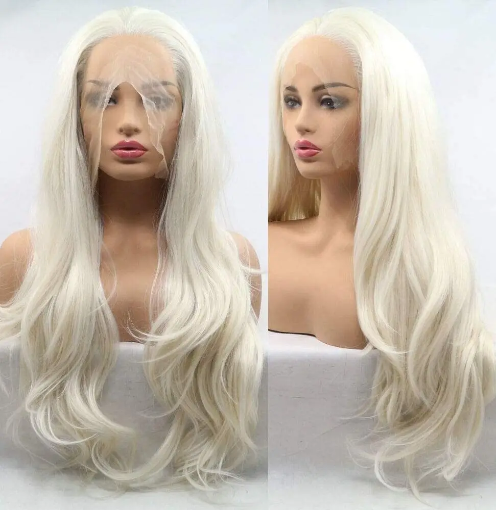 

Synthetic Hair Layered Platinum blonde Long Wavy HD T Lace Front Wigs Natural