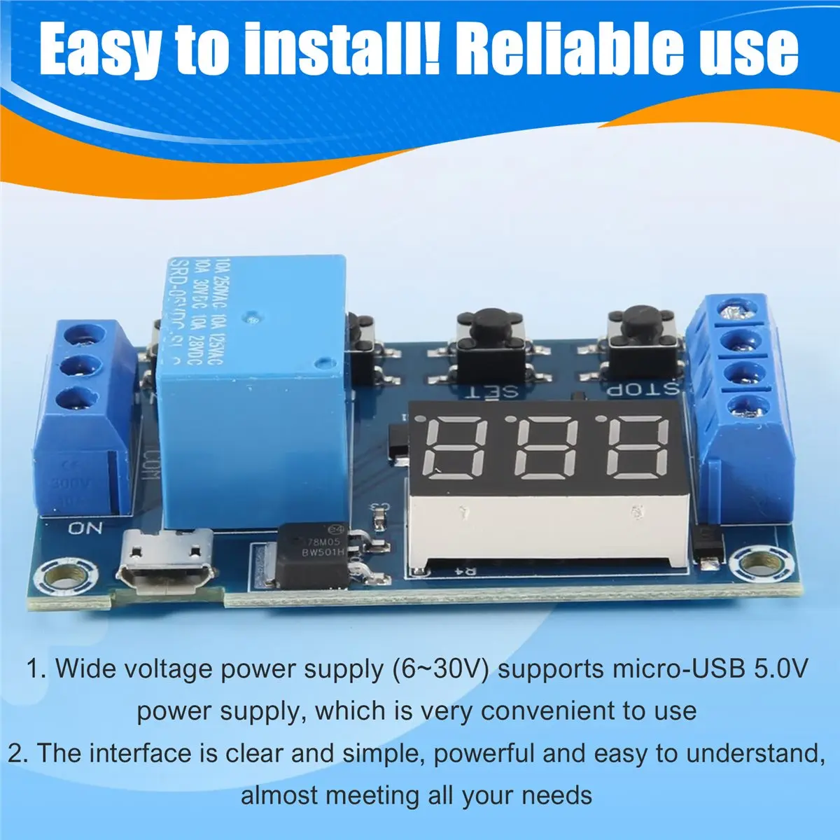 #11M DC 6-30V Support Micro-USB 5V LED Display Automation Cycle Relay,relay module,(PCB+electronic components)