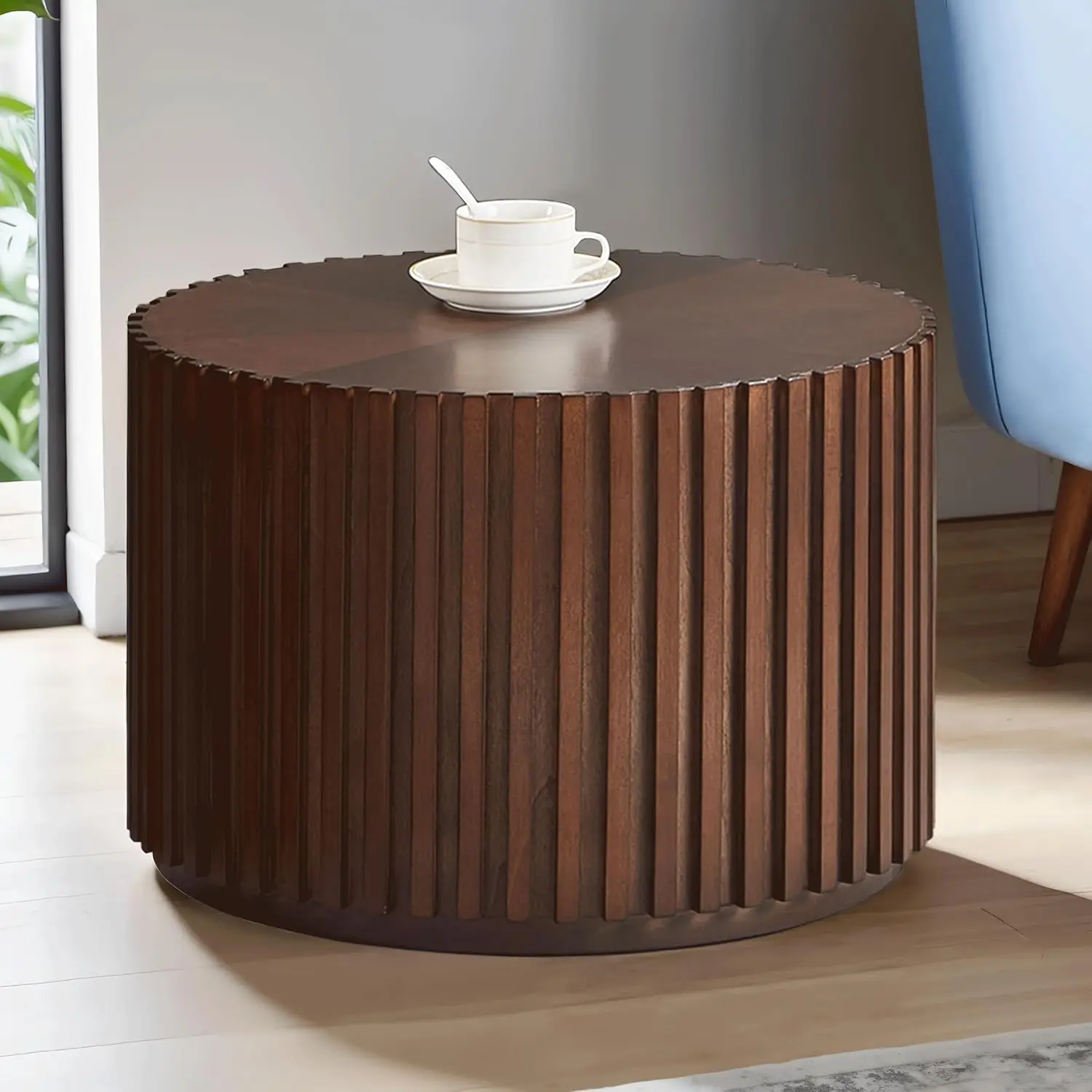 Round Wood End Table For Living Room, Modern Handcraft Drum End Table, Circle Wooden End Table For Small Space Apartment, No