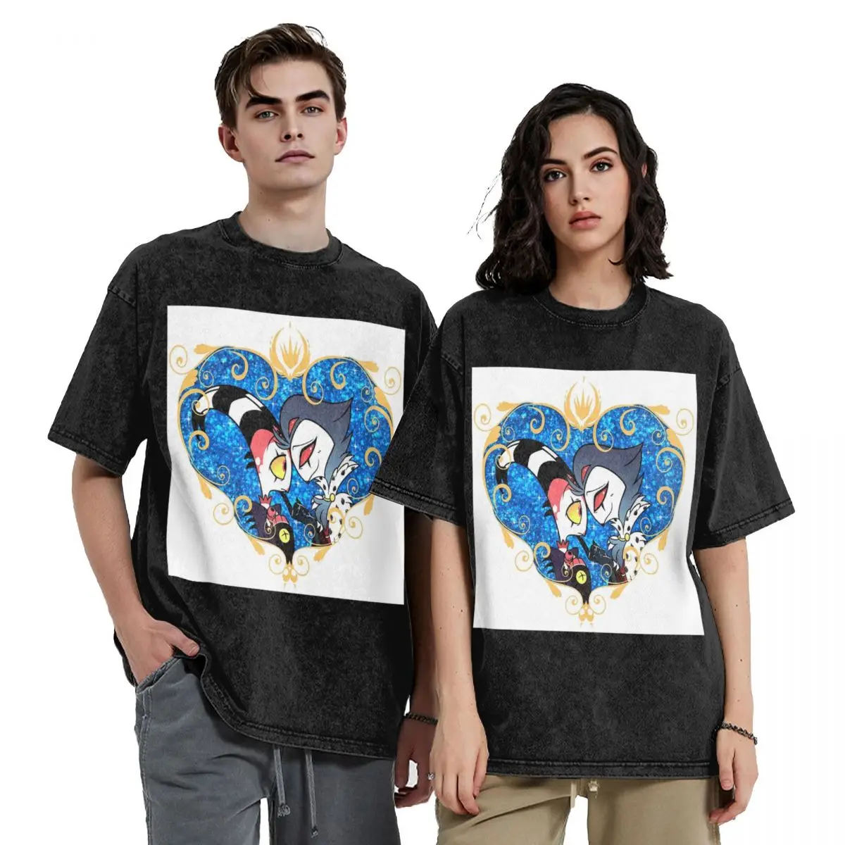 Helluva Boss Stolas And Blitzo Heart Frame Washed T Shirts Vintage Short Sleeve Hip Hop T-Shirt Streetwear Tops Tees for Men
