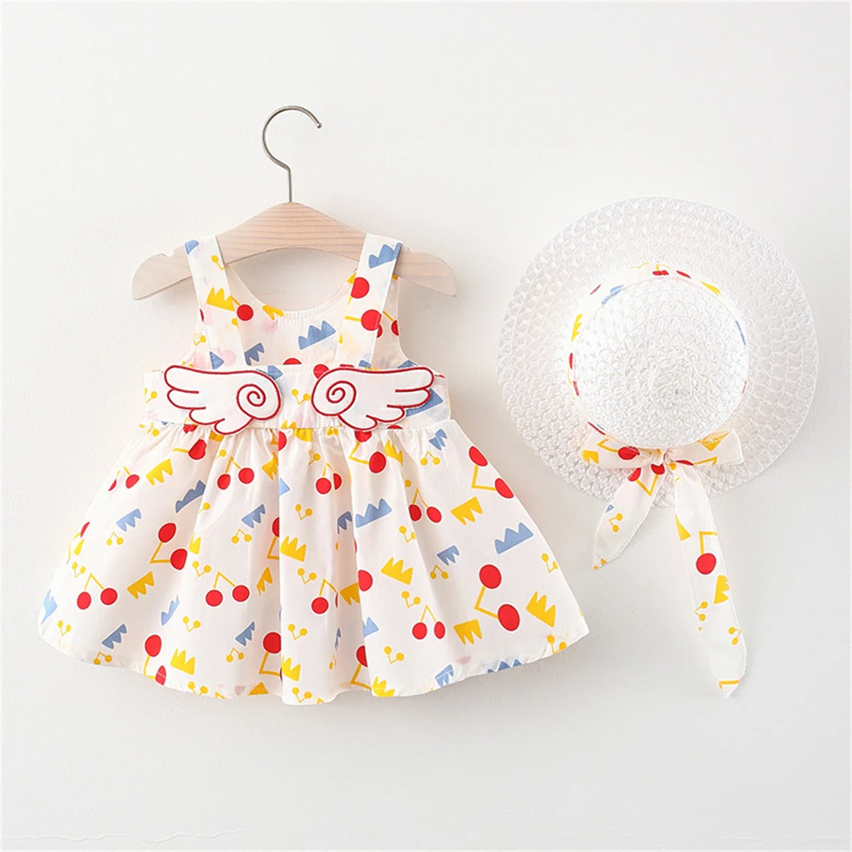 2-Piece Baby Beach Cotton Dress And Hat Baby Girl Back Small Wing Printed Sleeveless Dress Children\'S Casual Set