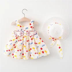 2-Piece Baby Beach Cotton Dress And Hat Baby Girl Back Small Wing Printed Sleeveless Dress Children'S Casual Set