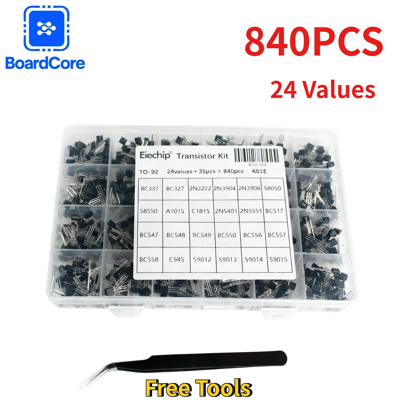 840PCS TO-92 Transistor Kit 24 Values 2N2222 2N3904 2N5551 BC327 BC337 BC547 BC549 BC558 A1015 C1815 S8050 with ESD15 Tweezer