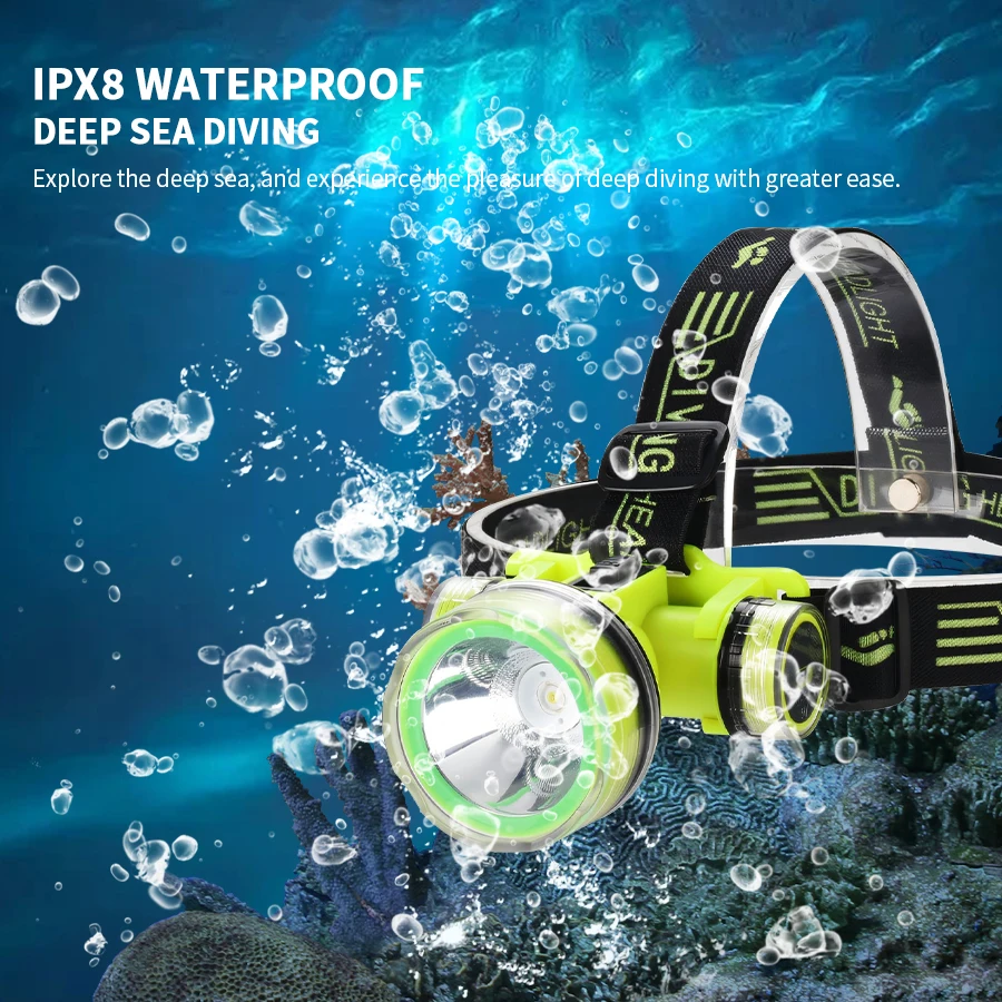 Diving Headlamp LED Underwater Searchlight Rechargeable 18650 Battery IPX8 Highest Waterproof Rating Professional Diving Light