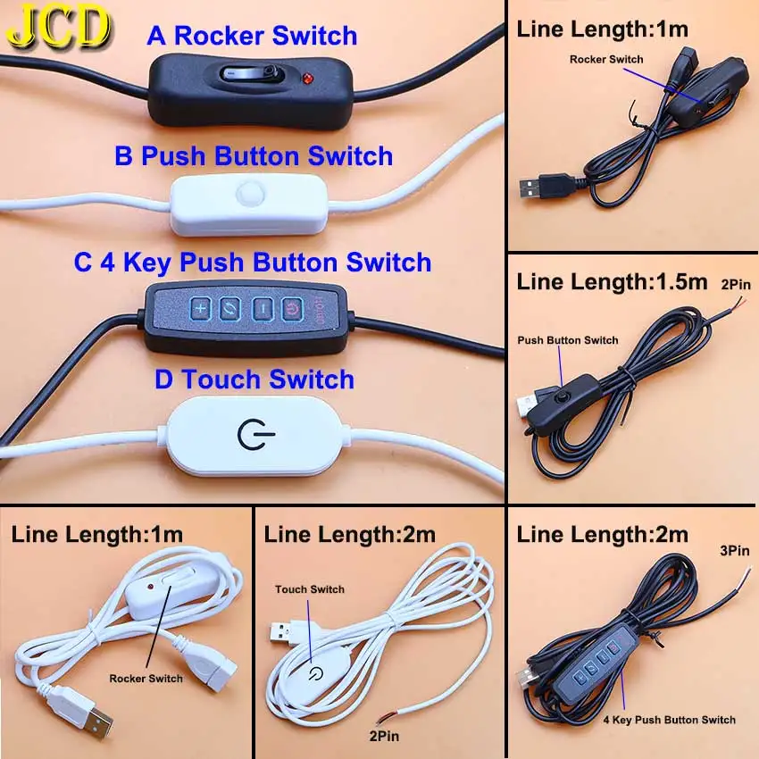 5V Switch Power Supply Wire USB Male to 2/3 Core Connection Extension Cable Dimmer Touch Button ON OFF For LED Strip Light Bulb