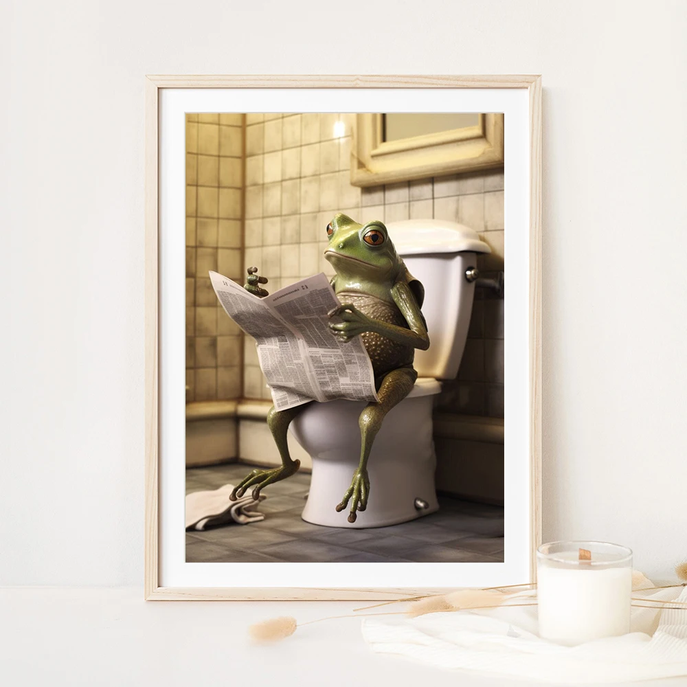 HD Modern Frog Sitting On Toilet Reading A Newspaper Funny Animal Wall Art,Bathroom Humour Jokes Canvas Painting,Room Home Decor